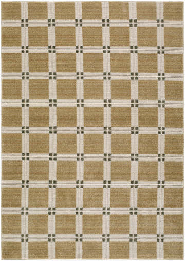 Close-up of the Kalkin Tan Area Rug. Contemporary style with tan squares and ivory grid pattern with small black accents. Design-Rectangle-575
