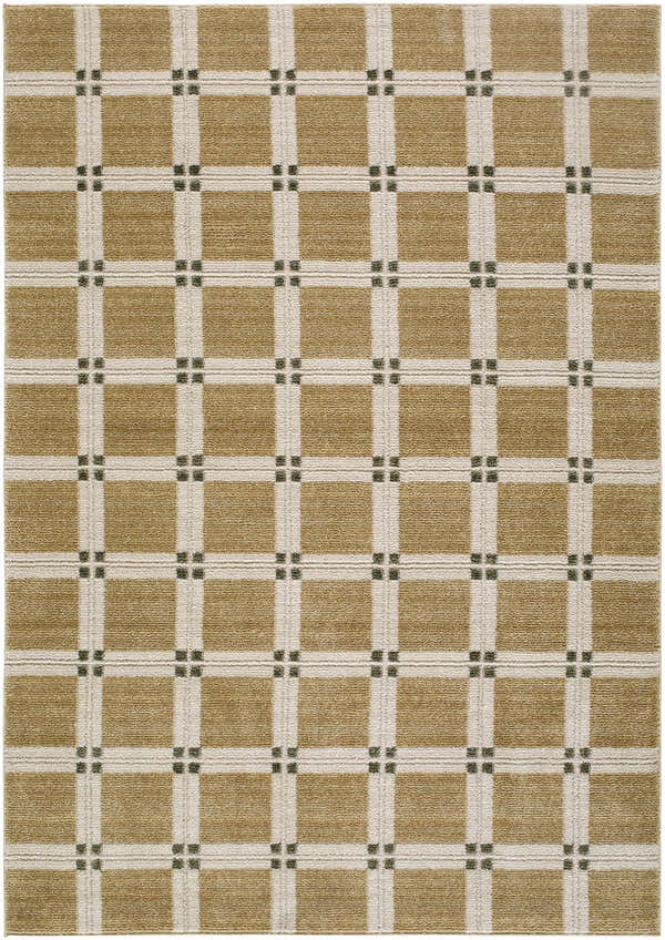 Close-up of the Kalkin Tan Area Rug. Contemporary style with tan squares and ivory grid pattern with small black accents. Design-Rectangle-575