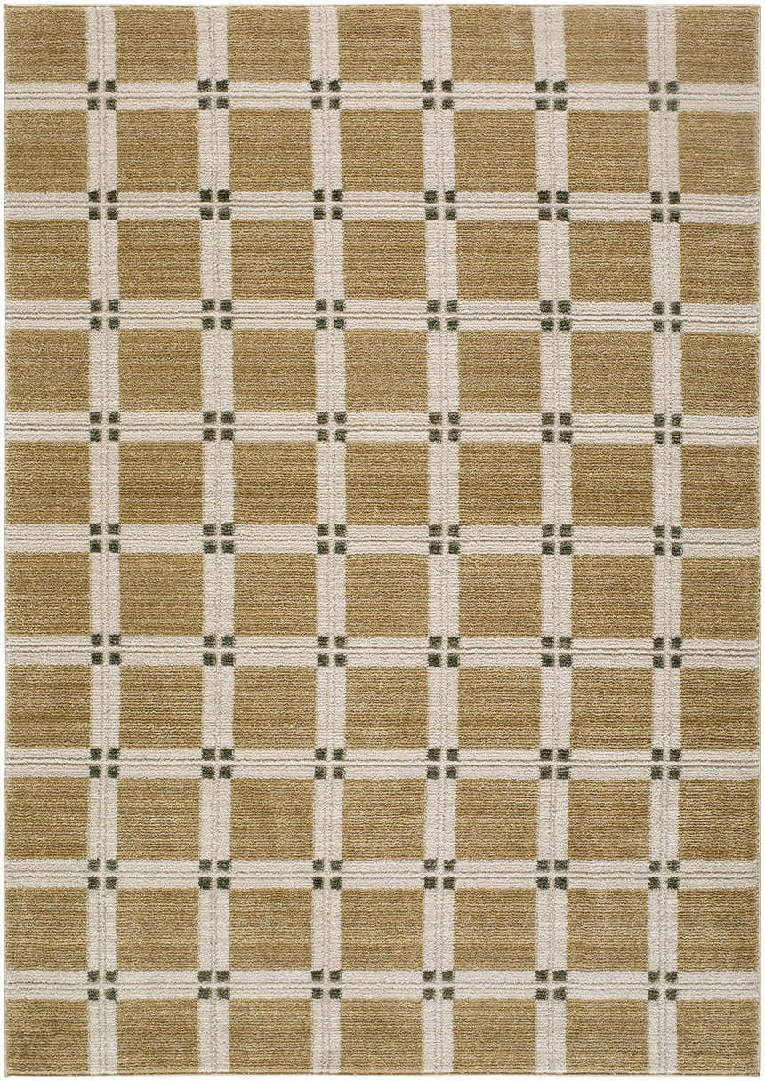 Close-up of the Kalkin Tan Area Rug. Contemporary style with tan squares and ivory grid pattern with small black accents. Design-Rectangle-575
