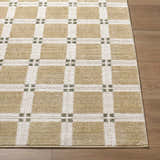 Close-up of Kalkin Tan Area Rug. Contemporary style with tan and white grid pattern, and small green accents. Front