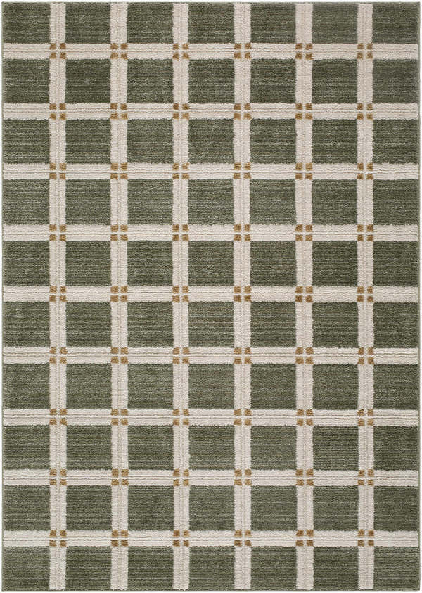 Close-up of the Kalkin Olive Area Rug featuring a contemporary grid pattern in olive green, beige, and tan. Design-Rectangle-575