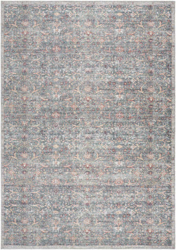 Close-up of the Amasai Area Rug - Vivir x Livabliss. Gray, pink, and sage traditional floral pattern. Machine woven polyester rug. Design-Rectangle