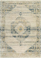 Close-up of the Kalare Light Gray Area Rug, a farmhouse style rug with a traditional geometric pattern in light gray, blue, and gold. Design-Rectangle-679