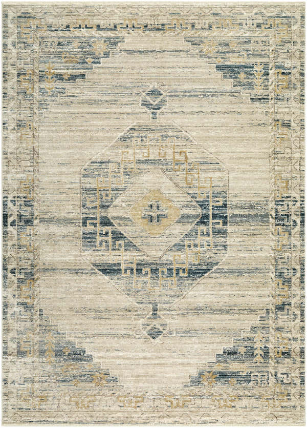Close-up of the Kalare Light Gray Area Rug, a farmhouse style rug with a traditional geometric pattern in light gray, blue, and gold. Design-Rectangle-679