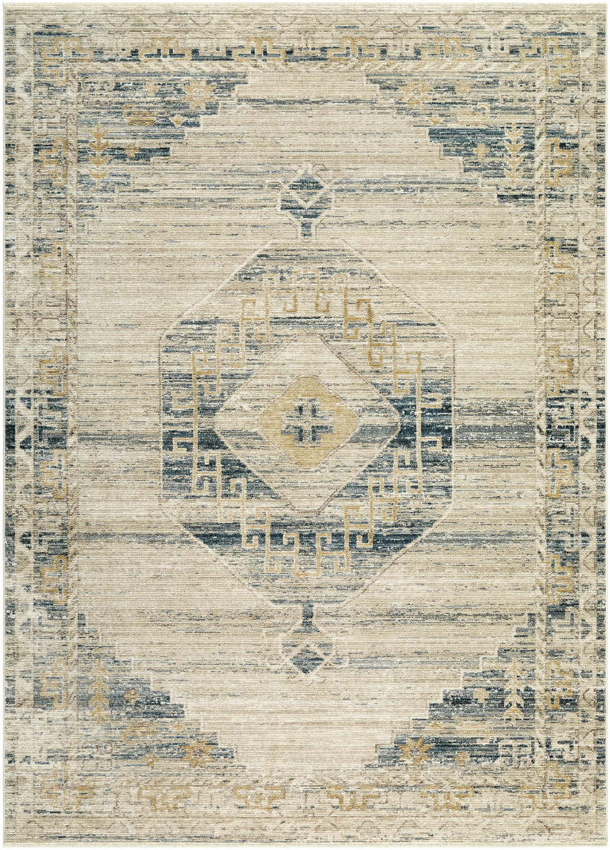 Close-up of the Kalare Light Gray Area Rug, a farmhouse style rug with a traditional geometric pattern in light gray, blue, and gold. Design-Rectangle-679