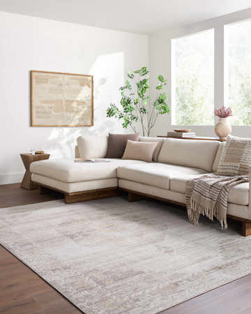 Living room scene with a Kalare Tan Area Rug, neutral sectional sofa, wood accents, and light-filled window. Roomscene-Rectangle