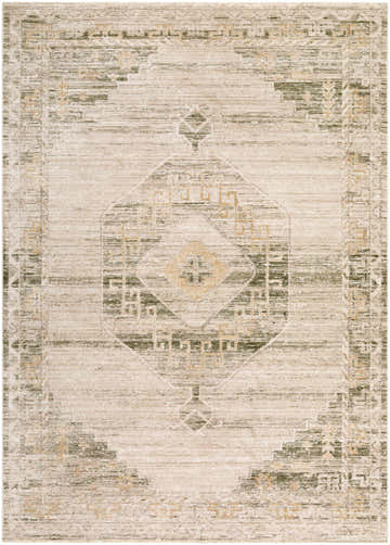 Close-up of the Kalare Olive Area Rug showing its traditional, farmhouse-style pattern in olive, tan, taupe, and off-white. Design-Rectangle-679