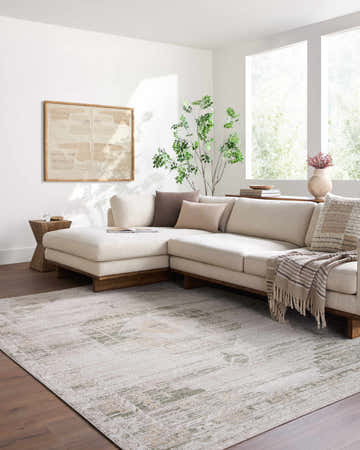 Living room scene with a Kalare Olive Area Rug, a beige sectional sofa, and natural light. Roomscene-Rectangle