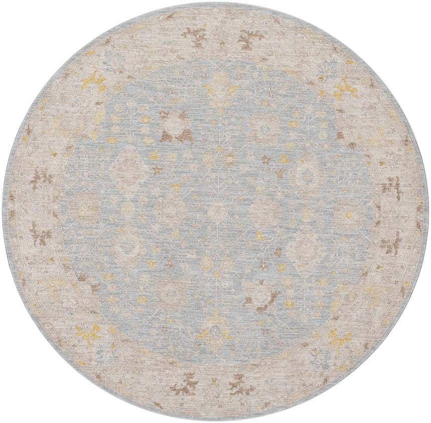 Round Kofi Thick Luxe Area Rug featuring a traditional floral pattern in amber, taupe, and light olive tones. Design-Round-67