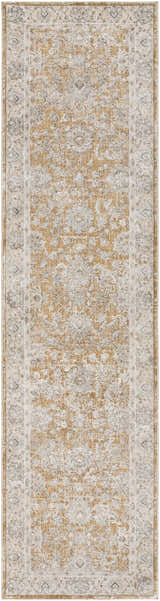 Close-up of Kerem Damask Thick Luxe Boutique Rug. Traditional floral damask pattern in charcoal, cream, and light brown. Design-Runner-2710