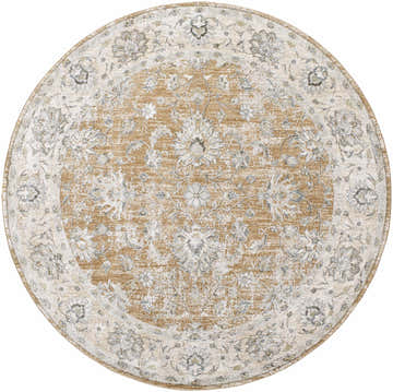 Close-up of the round Kerem Damask Thick Luxe Boutique Rug. Features a traditional floral pattern in cream, light brown, and light gray. Design-Round-67