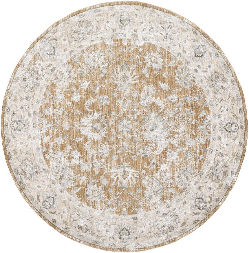 Round Kerem Damask Thick Luxe Boutique Rug with a traditional floral pattern in cream, light brown, and light gray. Design-Round-710