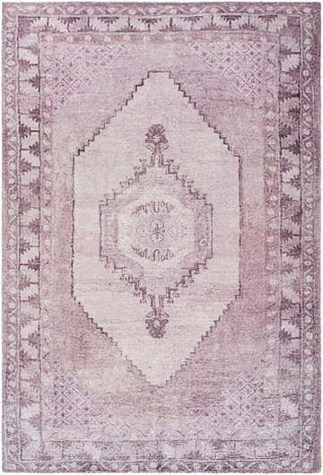 Close-up of the Wayde Area Rug. Hand-tufted polyester rug in dusty rose, lavender, and mauve with a traditional, farmhouse design. Design-Rectangle-576