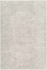 Close-up of the Aithan Light Gray Area Rug, a machine-woven polyester rug with a traditional, farmhouse-style design. Design-Rectangle-6796