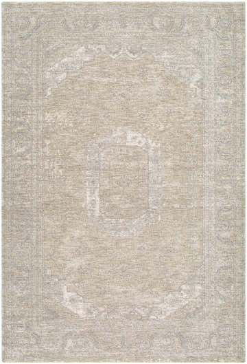 Close-up of the Aithan Beige Area Rug. Traditional style with beige, light gray, and taupe colors. Machine woven polyester rug. Design-Rectangle-6796