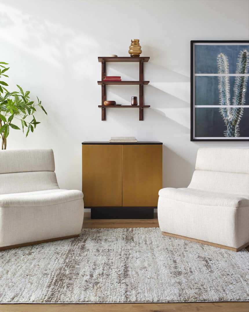 Living room scene with ivory chairs and a Kohaku Light Gray Area Rug. Roomscene-Rectangle