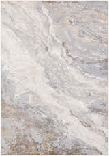 Close-up of the Akuchi Area Rug. Abstract pattern in cream, gray, ivory, light slate, peach, and tan. Contemporary style. Design-Rectangle-5373