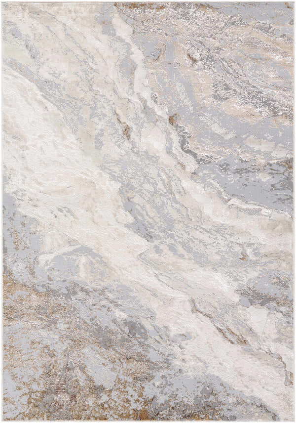 Close-up of the Akuchi Area Rug. Abstract pattern in cream, gray, ivory, light slate, peach, and tan. Contemporary style. Design-Rectangle-5373