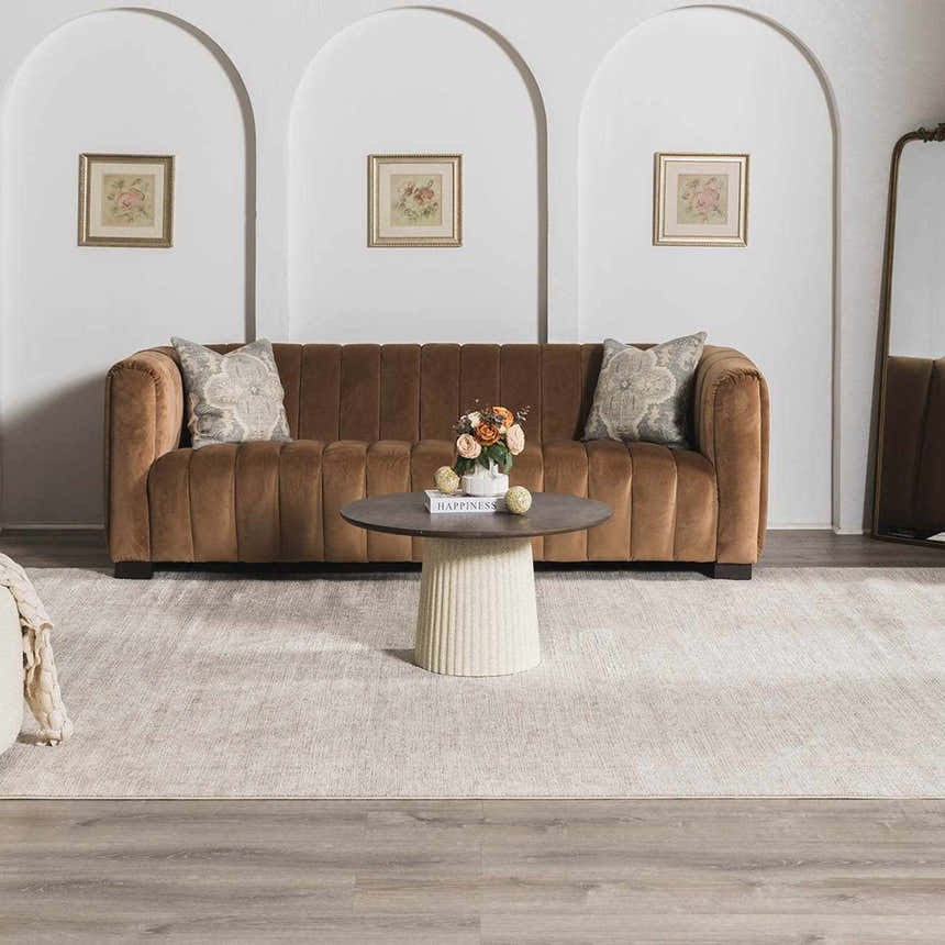 Living room scene with a Livabliss x Galey Alix Maria Elena V Vintage Medallion Area Rug in ivory and tan. Roomscene-Rectangle