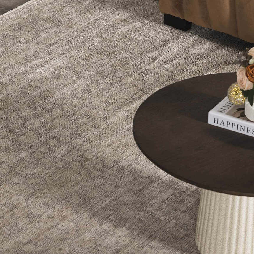 Close-up of Livabliss x Galey Alix Maria Elena V Vintage Medallion Area Rug in ivory, tan, and brown with a subtle vintage pattern. Roomscene-Rectangle