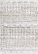 Close-up of the Akande Shag Area Rug. Ash, light silver, and silver gray shag rug with a subtle horizontal pattern. Design-Rectangle-537