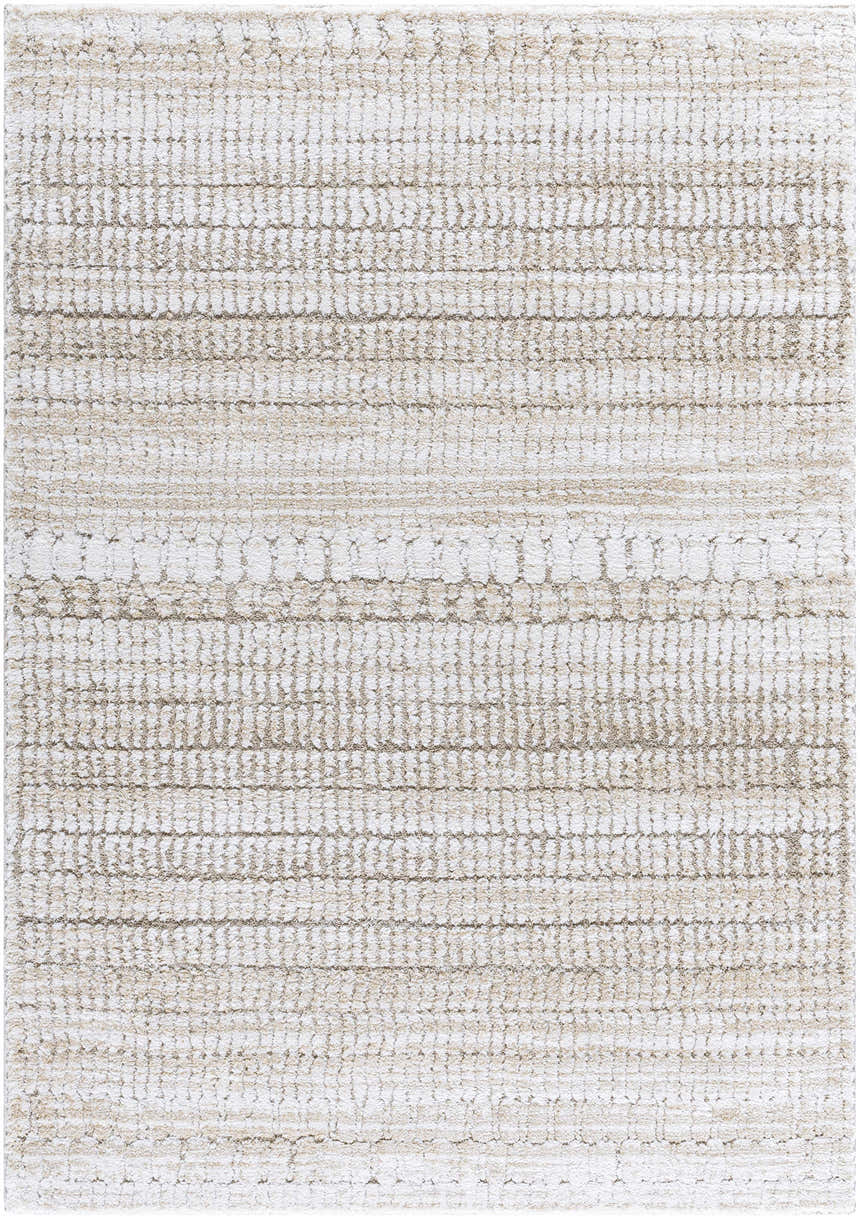 Close-up of the Akande Shag Area Rug. Ash, light silver, and silver gray shag rug with a subtle horizontal pattern. Design-Rectangle-537