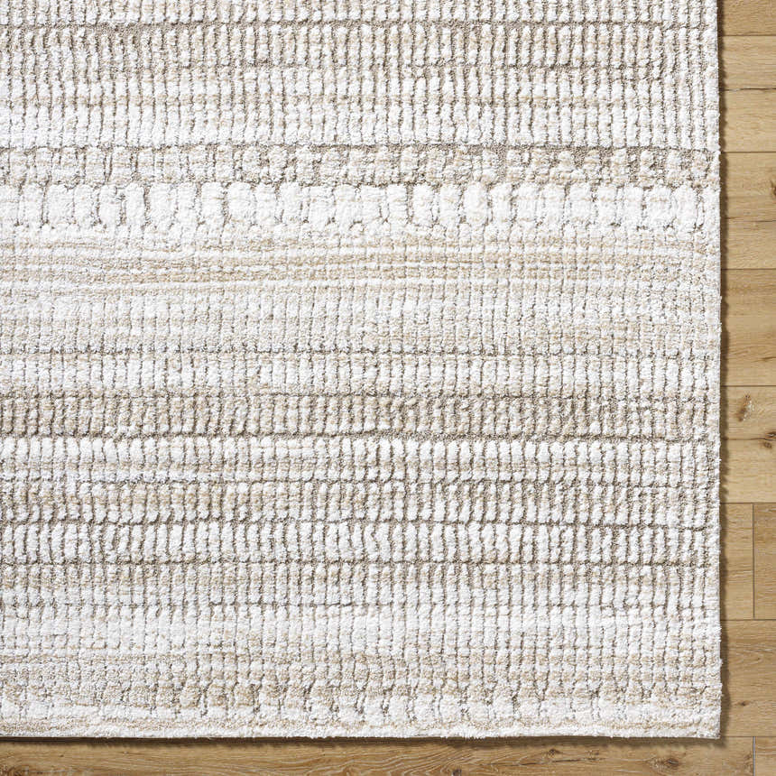 Close-up of the Akande Shag Area Rug. Ash, light silver, and silver gray shag rug with a subtle striped pattern. Corner