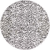 Close-up of a round Alderbury White Leopard Print Rug. Black and charcoal animal print on off-white polypropylene. Design-Round-53