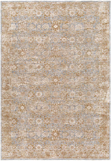 Close-up of the Andres Cream Area Rug featuring a traditional floral pattern in cream, blue, tan, and light brown hues. Design-Rectangle-6796