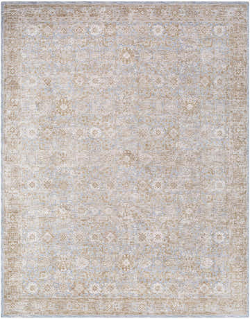 Close-up of the Andres Cream Area Rug featuring a traditional design in cream, tan, light brown, sage, and blue. Design-Rectangle-710102