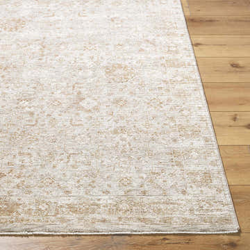 Close-up of the Andres Tan Area Rug, showcasing its traditional cream and tan floral pattern and soft texture. Front
