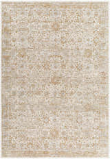 Close-up of the Andres Sage Area Rug. Cream rug with light brown, tan, and blue traditional floral pattern. Design-Rectangle-6796