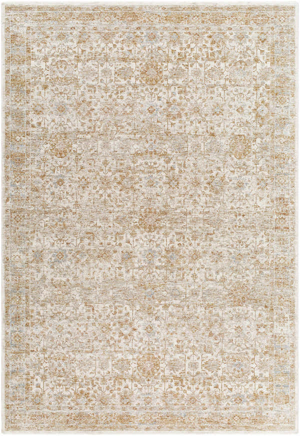 Close-up of the Andres Sage Area Rug. Cream rug with light brown, tan, and blue traditional floral pattern. Design-Rectangle-6796