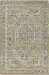 Close-up of the Ligao Area Rug - Clearance, a hand-knotted rug with a traditional geometric pattern in charcoal, tan, and light gray. Design-Rectangle-69
