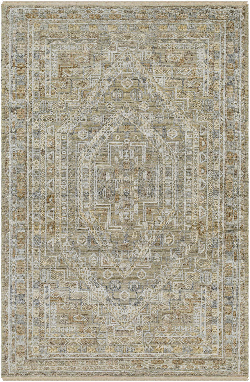 Close-up of the Ligao Area Rug - Clearance, a hand-knotted rug with a traditional geometric pattern in charcoal, tan, and light gray. Design-Rectangle-69