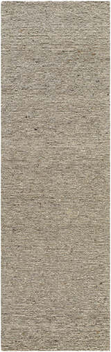 Close-up of the hand-tufted Winta Taupe Wool Area Rug. Neutral tan, gray, and sage tones with a subtle textured design. Design-Runner-310