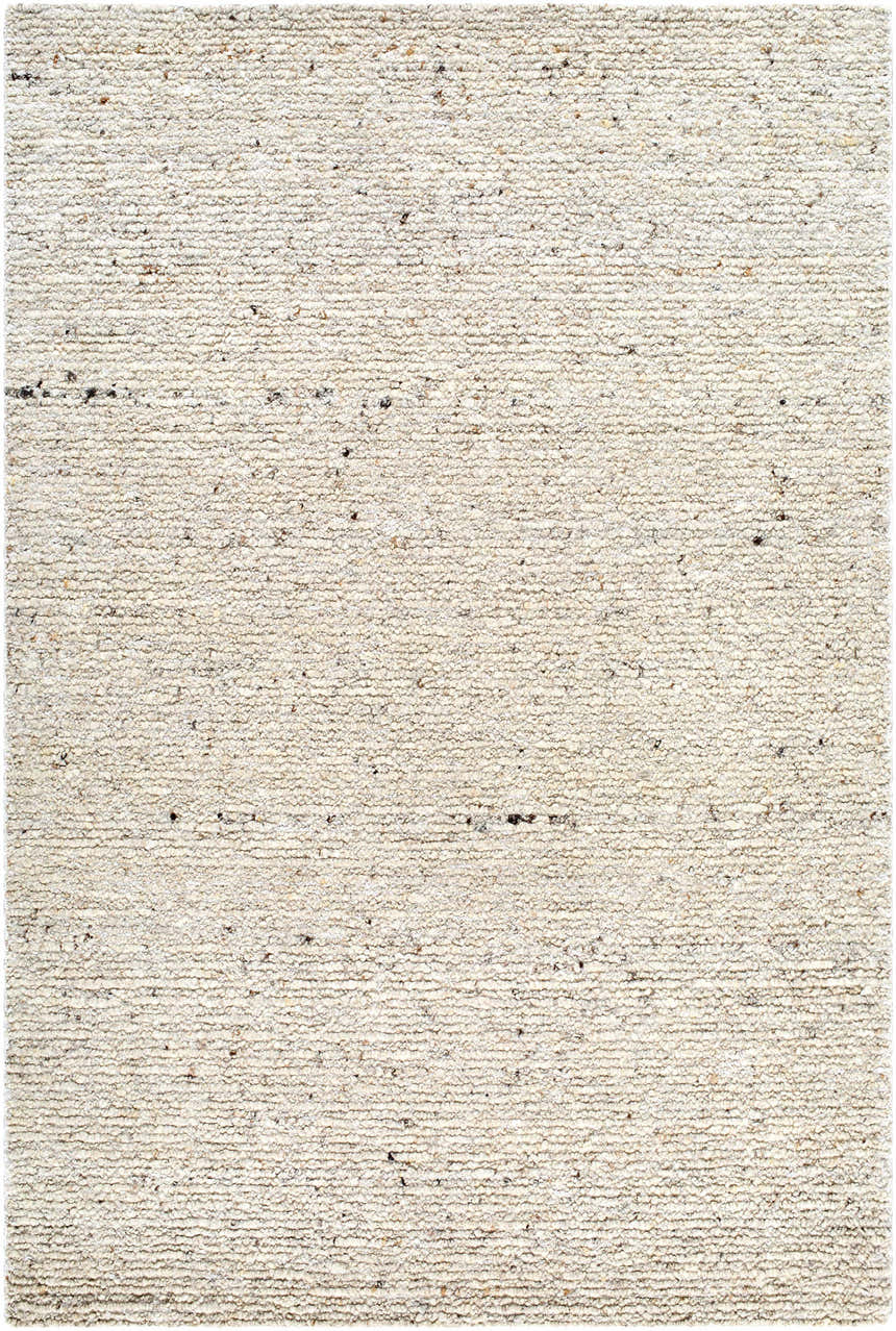 Close-up of the hand-tufted Winta Beige Wool Area Rug. Cream, ivory, and white tones with subtle texture. Design-Rectangle-576