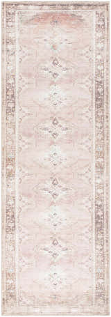 Close-up of the Ussun Washable Area Rug. Features a traditional diamond pattern in beige, dusty pink, and brown tones. Design-Runner-27710
