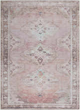 Close-up of the Ussun Washable Area Rug. Traditional design with beige, brown, and dusty pink tones. Machine woven polyester. Design-Rectangle-5373