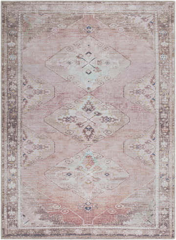 Close-up of the Ussun Washable Area Rug. Traditional design with beige, brown, and dusty pink tones. Machine woven polyester. Design-Rectangle-5373