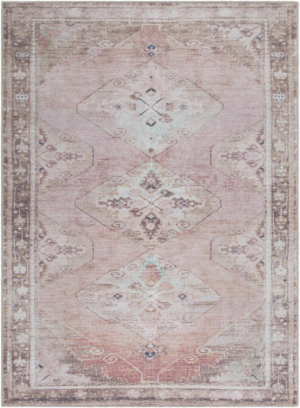 Close-up of the Ussun Washable Area Rug. Traditional design with beige, brown, and dusty pink tones. Machine woven polyester. Design-Rectangle-5373