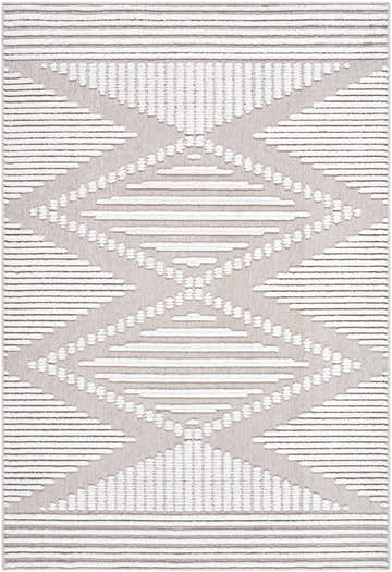 Close-up of Annika Washable Area Rug. Off-white and tan rug with a geometric diamond and stripe pattern. Farmhouse style. Design-Rectangle-57