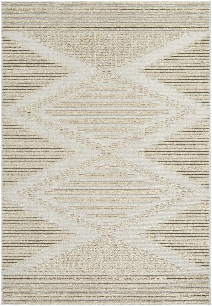 Close-up of the Annika Light Brown 3D Washable Area Rug, featuring a geometric diamond pattern with beige and light brown hues. Design-Rectangle-57