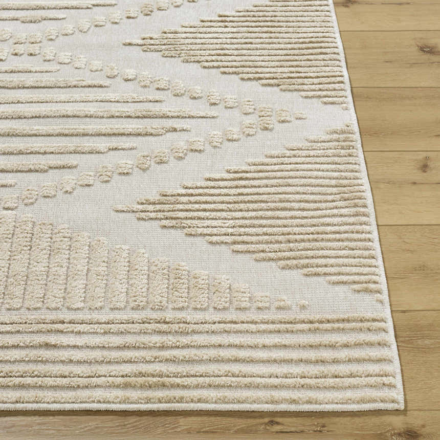 Close up of Annika Light Brown 3D Washable Area Rug with a beige geometric pattern and textured design. Front