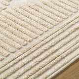 Close up of the Annika Light Brown 3D Washable Area Rug showing beige textured geometric and striped pattern. Texture