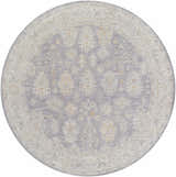 Close-up of a round Coby Brown Avant Garde rug. Features a traditional pattern in brown, charcoal, sage, gray, and teal. Design-Round-67