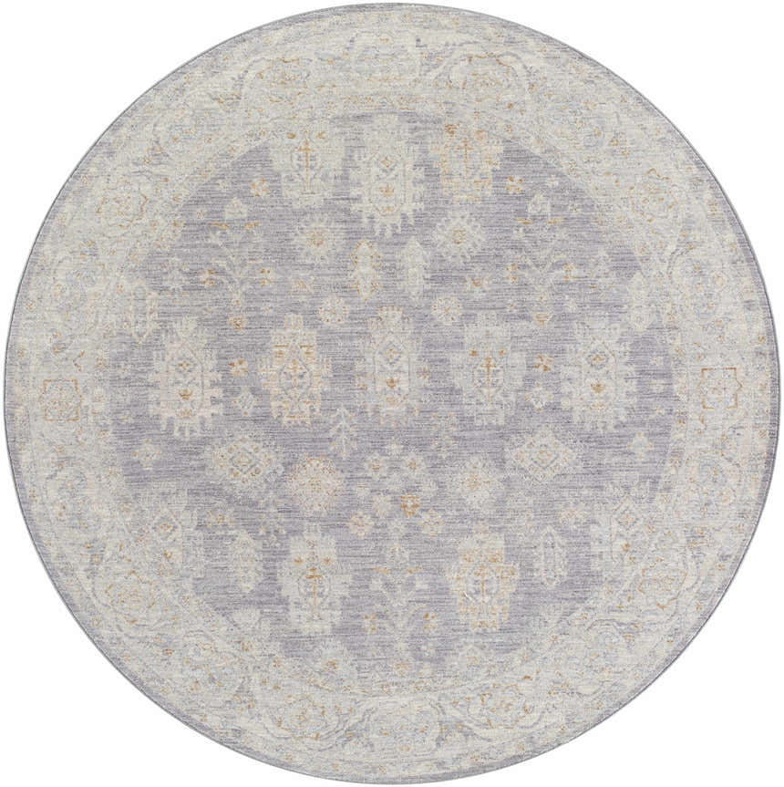 Close-up of a round Coby Brown Avant Garde rug. Features a traditional pattern in brown, charcoal, sage, gray, and teal. Design-Round-67