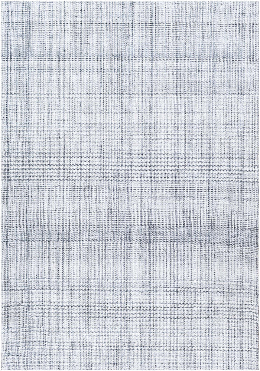 Close-up of the Lubna Light Slate Area Rug. Hand-woven recycled yarn rug in a farmhouse style with a subtle plaid pattern. Design-Rectangle-576