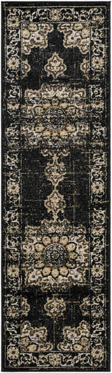 Close-up of the Lostwithiel Black Medallion Rug, a traditional runner rug with a black and beige floral medallion pattern. Design-Runner