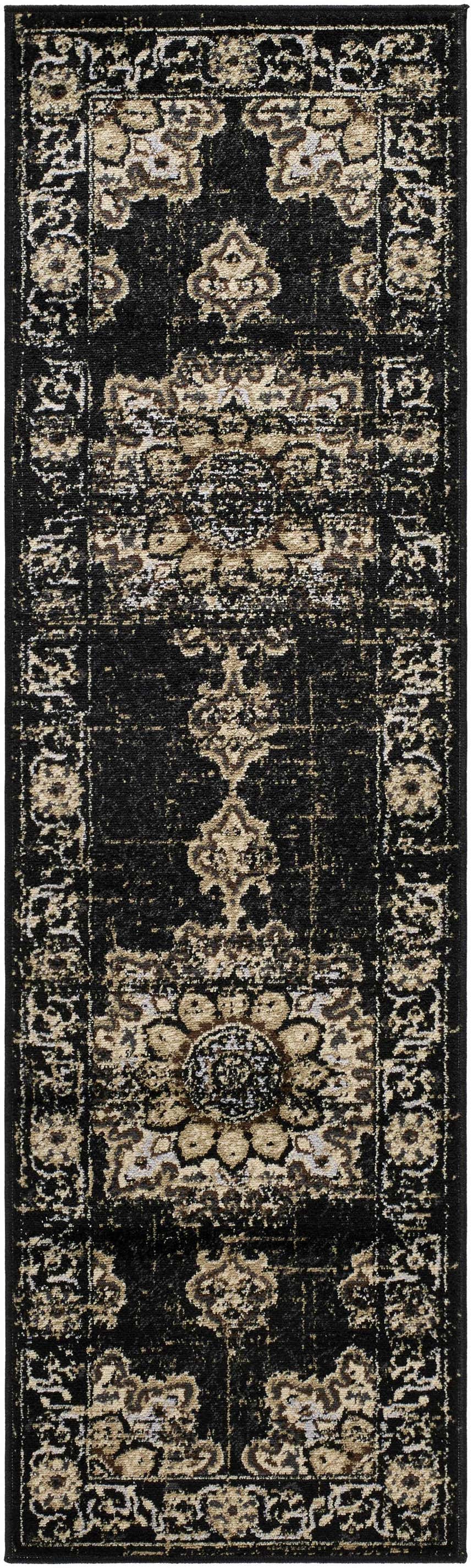 Close-up of the Lostwithiel Black Medallion Rug, a traditional runner rug with a black and beige floral medallion pattern. Design-Runner